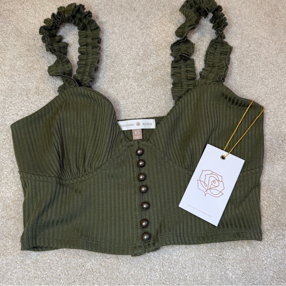 NWT Backyard Roses Green Ribbed Crop Top with Buttons and Ruffle Straps Size XS
